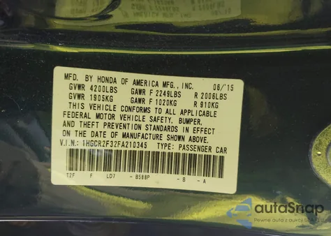 2015 Honda Accord Lx z USA, uszkodzony, nr VIN 1HGCR2F32FA210345